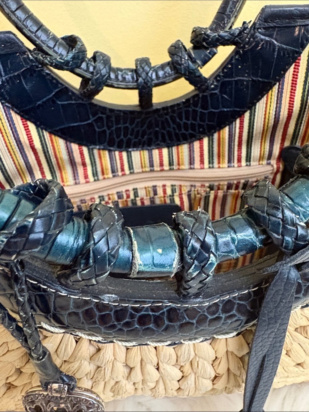 Brighton | Woven Straw Structured Dark Green Croc-Texture Top Handles Tote Bag - Picture 8 of 17